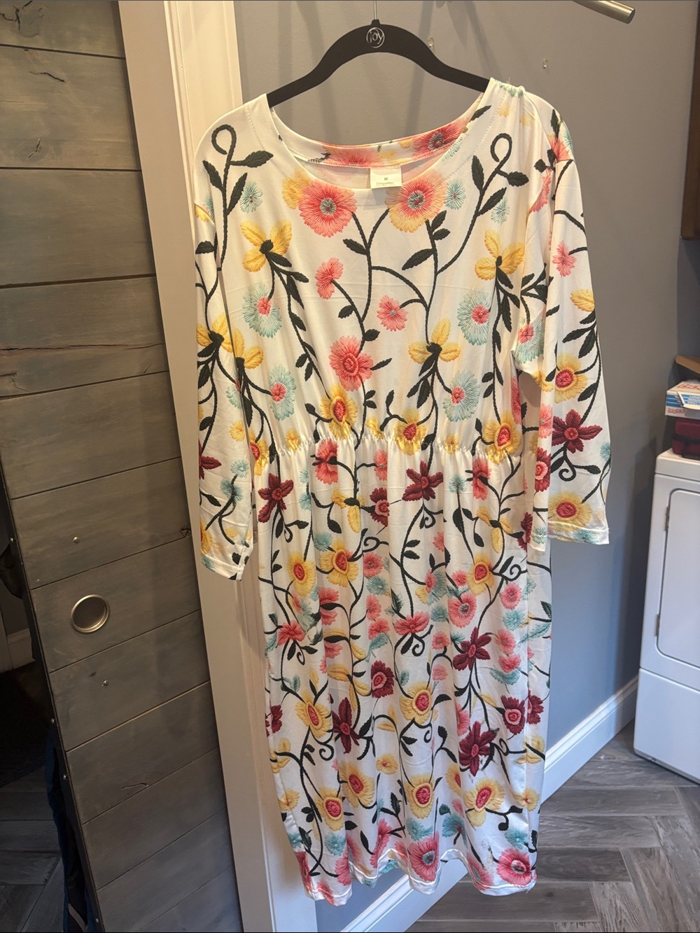 Avery & Maren NY Floral Long Sleeve Midi Dress Elastic Waist White Medium M